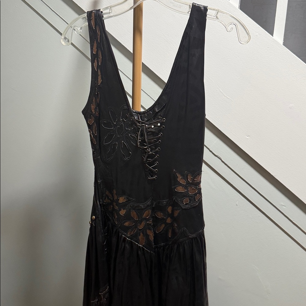90s vintage Boho Studded Fringe Dress — Black & Bronze Cutout Detail leather - Picture 4 of 7
